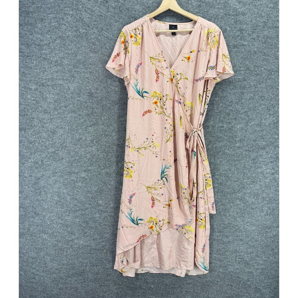 Worthington Wrap Dress Women L Large Pink Floral Midi Tasseled Belted Tie Up